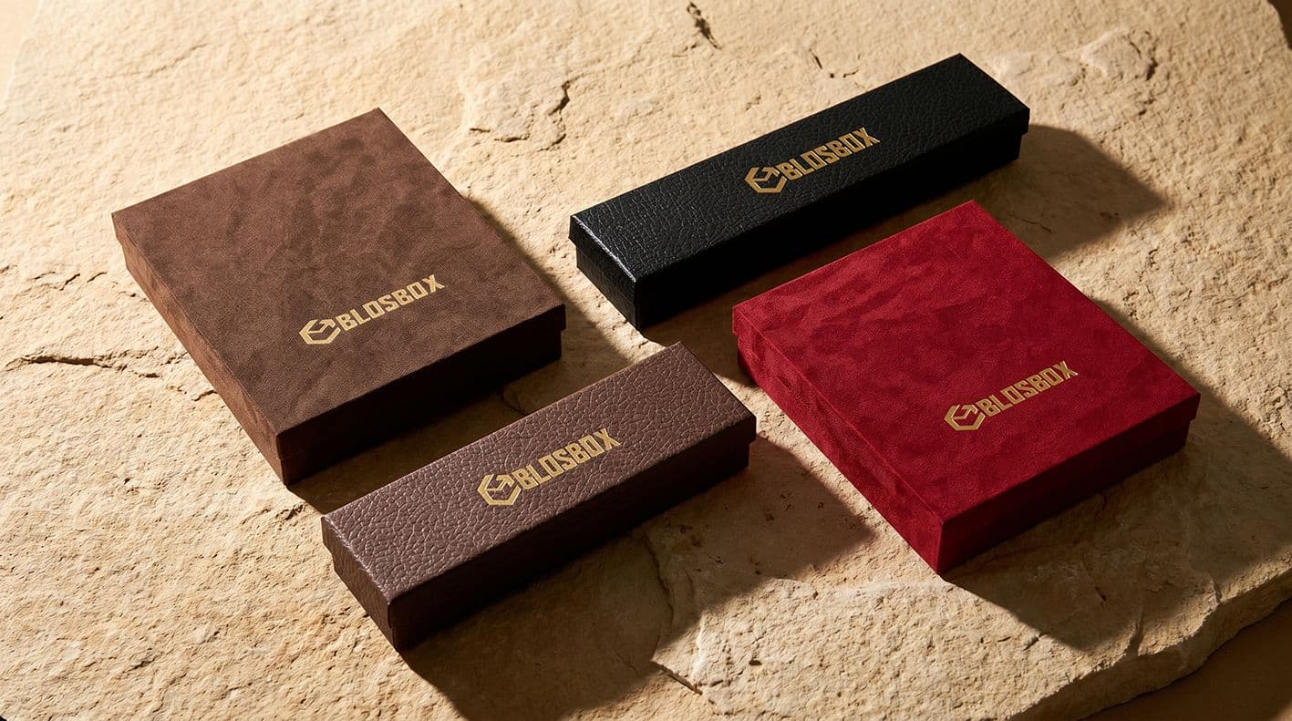 Blosbox rigid boxes in brown velvet, black leatherlike and red velvet with gold foil logos on a stone surface