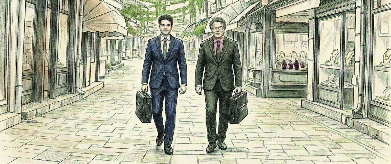 A pencil sketch of the Blosbox founders, father and son, on their first sales rounds in Skopje