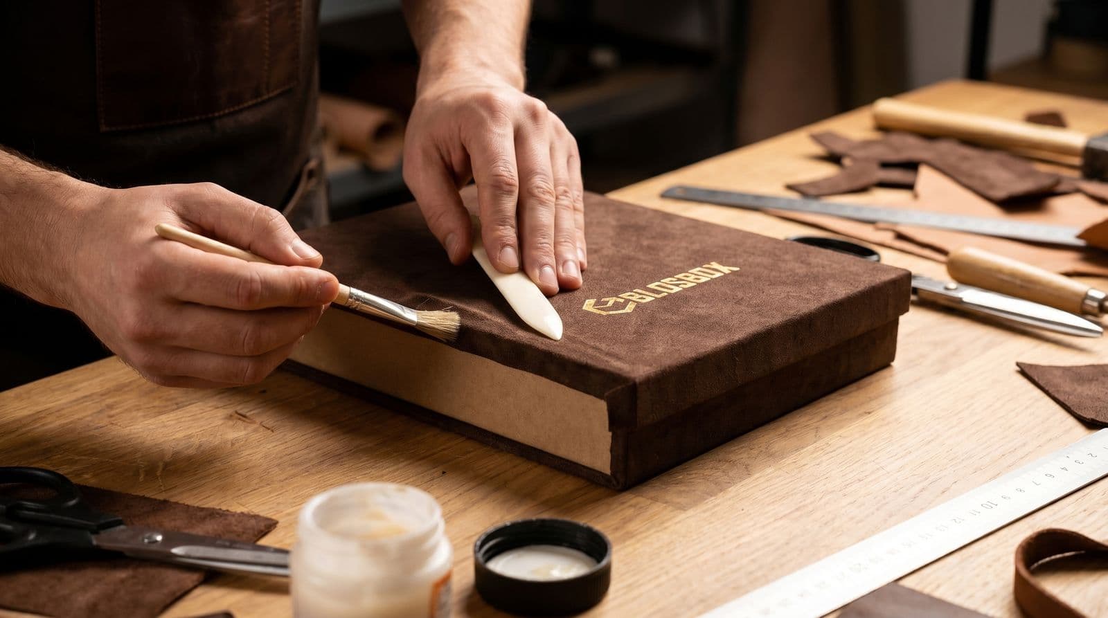A craftsman smoothing brown velvet over a rigid box by hand at the Blosbox workshop