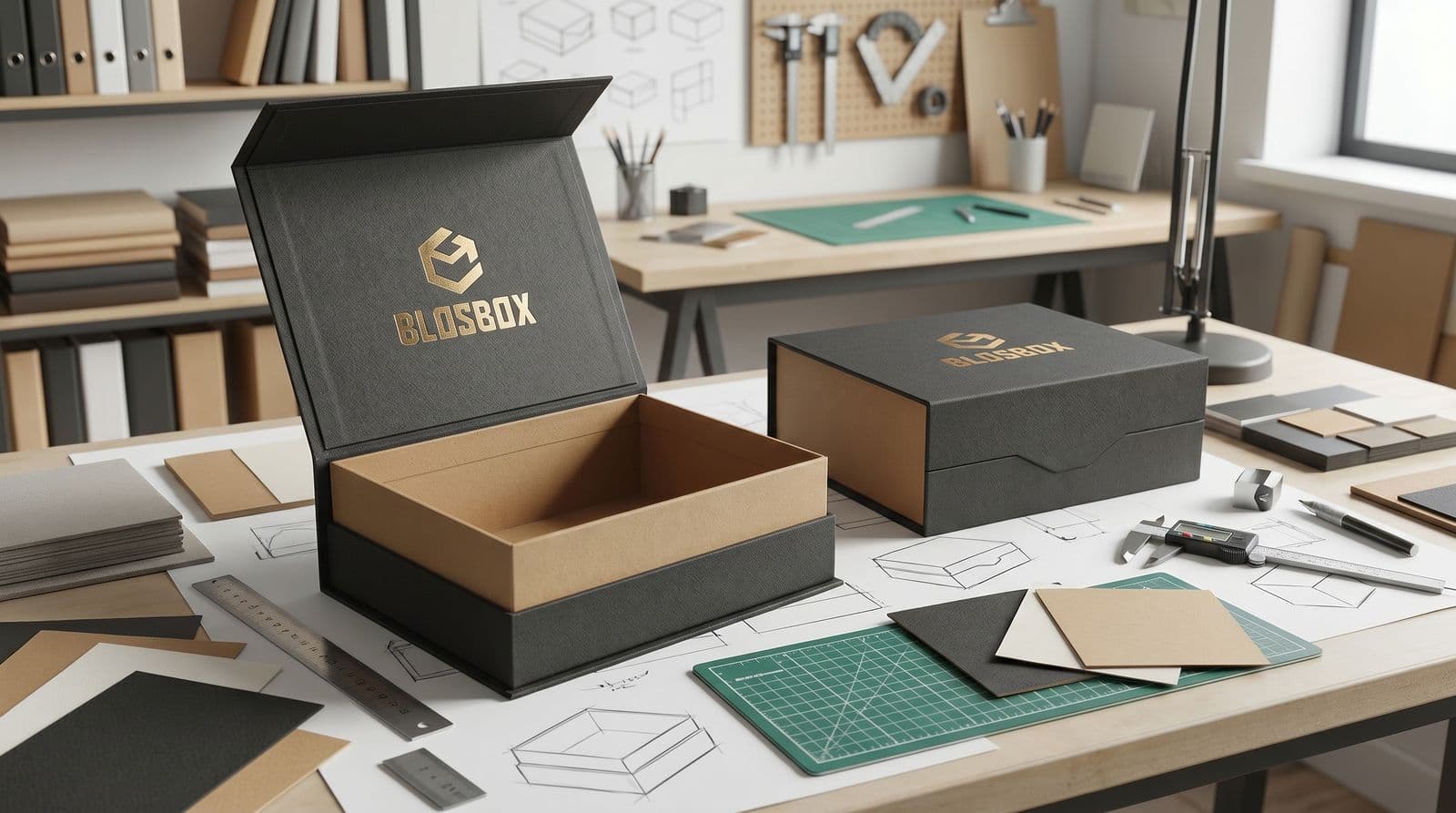 A packaging design studio with a black Blosbox rigid box, a kraft-lined prototype and dielines on the worktable